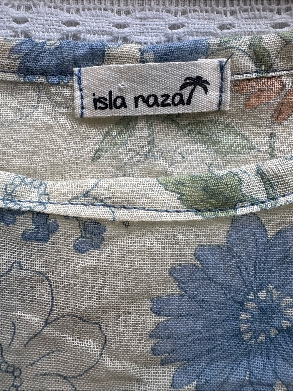 Vintage-Inspired Floral Crop Top in Blue & Tan Linen Blend Sheer XL - Picture 3 of 11